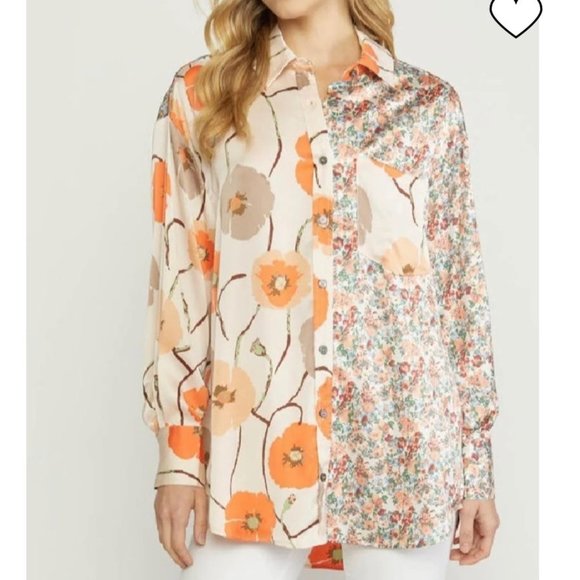 Entro Poppy Mixed Print Button Down Top | S - Picture 1 of 11